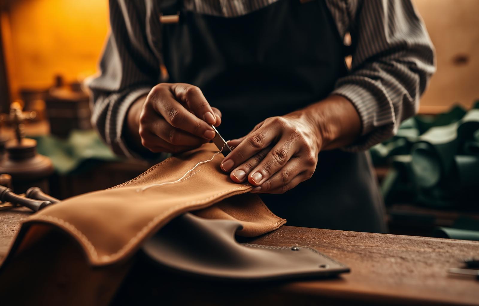 Artisan hand-stitching camel leather
