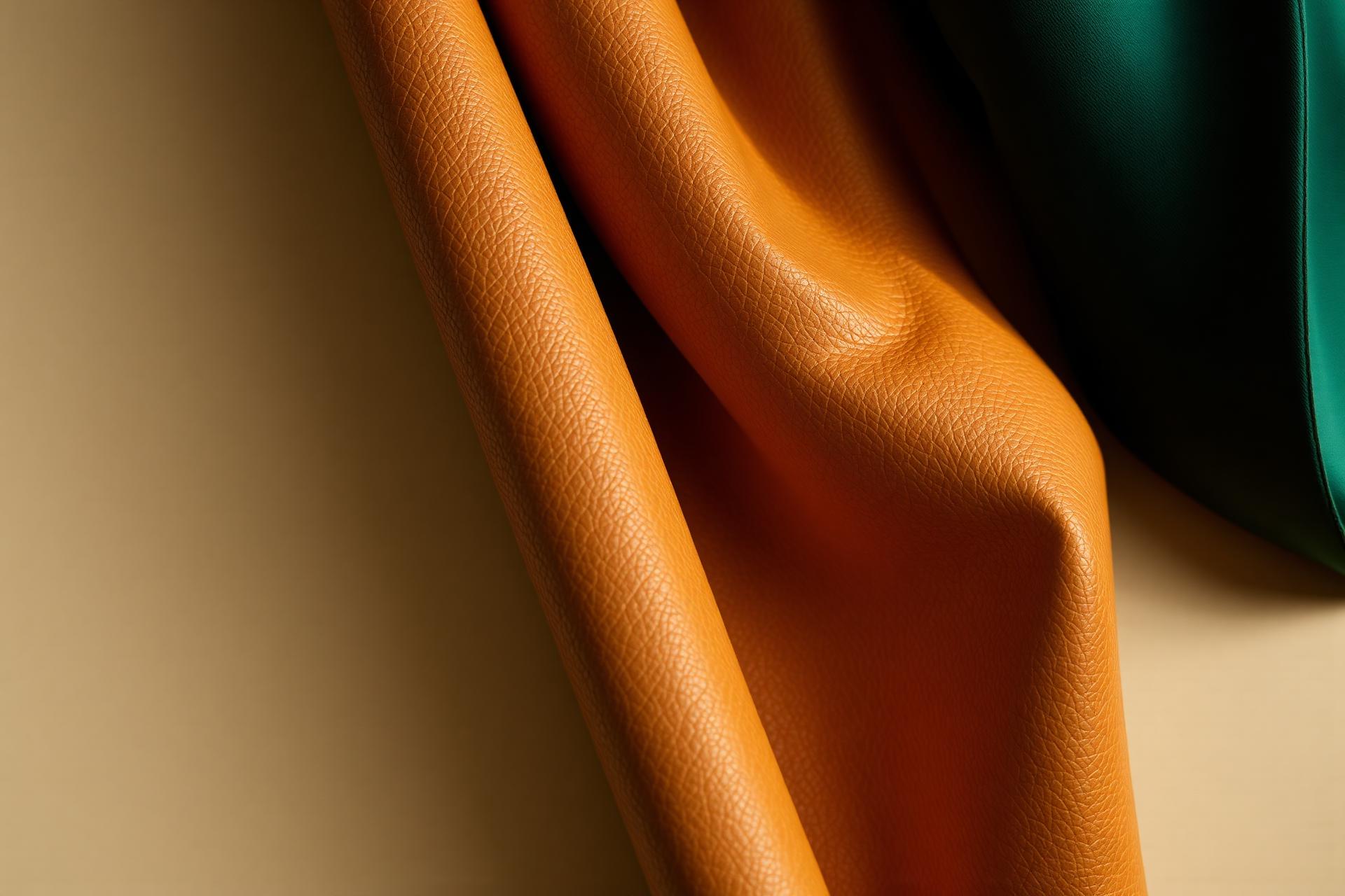 Premium camel-tan leather draped beside emerald silk